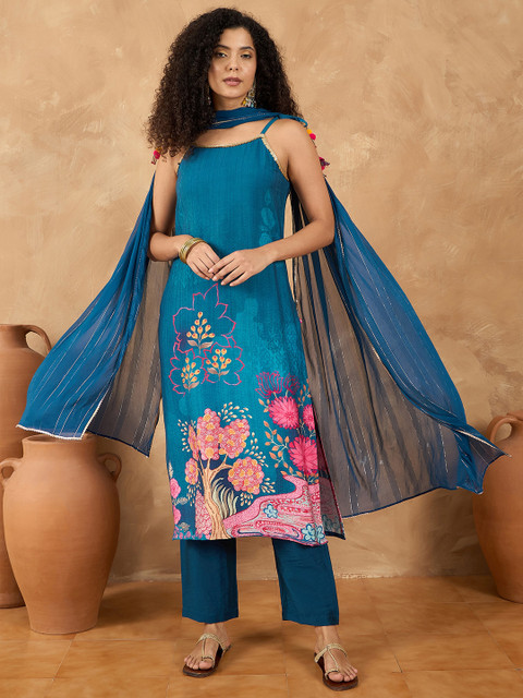 Varanga Women Spaghetti Tie up Strap Straight Floral Kurta with Trousers and Dupatta - Image 7