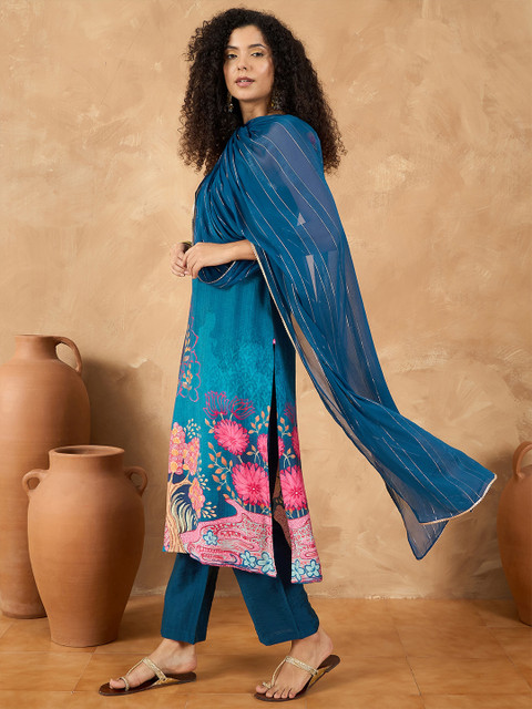 Varanga Women Spaghetti Tie up Strap Straight Floral Kurta with Trousers and Dupatta - Image 5