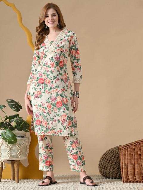 BKApparels Women Floral Printed Thread Work Pure Cotton Kurta with Pyjamas - Image 2