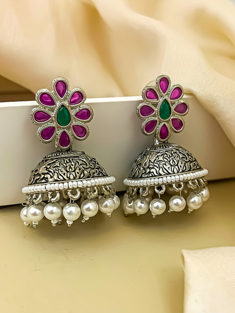 Zeviel Silver-Plated Artificial Stones Studded Dome Shaped Antique Jhumkas