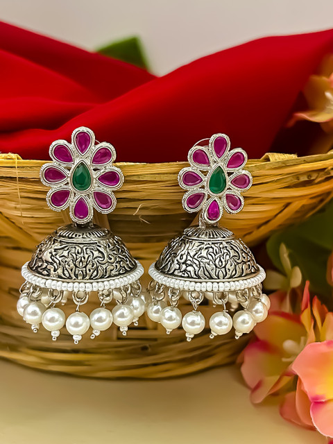 Zeviel Silver-Plated Artificial Stones Studded Dome Shaped Antique Jhumkas - Image 3