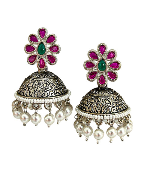 Zeviel Silver-Plated Artificial Stones Studded Dome Shaped Antique Jhumkas - Image 2
