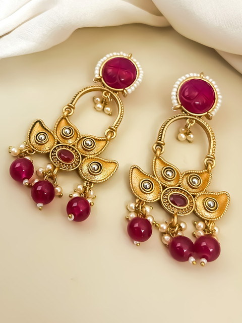 Zeviel Gold-Plated Artificial Stones Studded & Beaded Contemporary Antique Drop Earrings