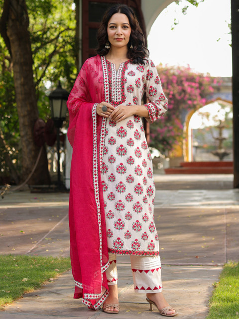 Rain & Rainbow Floral Printed Notch Neck Pure Cotton Kurta With Trousers & Dupatta