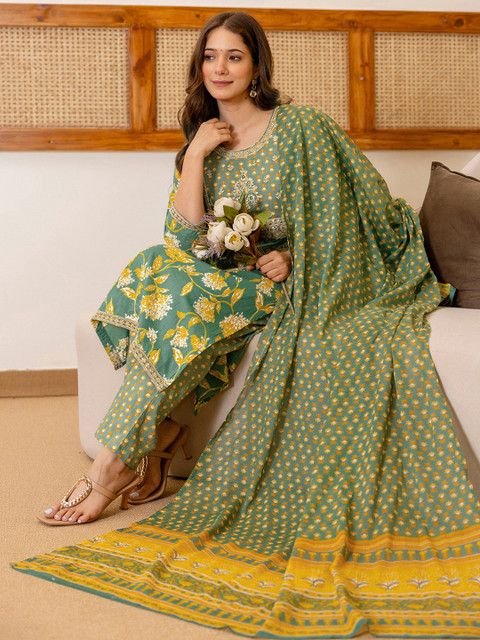 SKYLEE Floral Printed Sequinned Kurta With Trousers & Dupatta