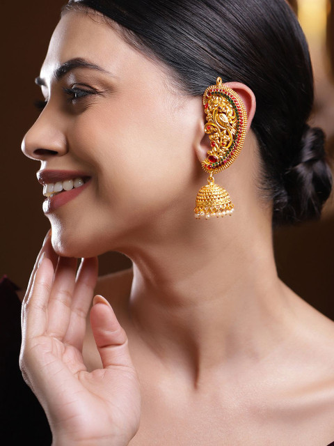 Rubans 22K Gold-Plated Ruby & Emerald Temple Ear-Cuff Jhumka Earrings with Ghungroo Drops