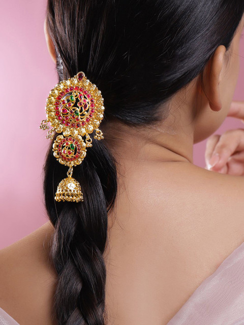 Rubans 22K Gold-Plated Ruby Pink & Emerald Green Braid Hair Accessory with Gold Bead Drops