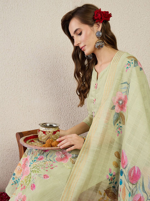 Indo Era Women Floral Embroidered Thread Work Pure Cotton Kurta with Trousers & Dupatta