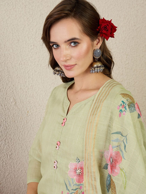 Indo Era Women Floral Embroidered Thread Work Pure Cotton Kurta with Trousers & Dupatta - Image 3