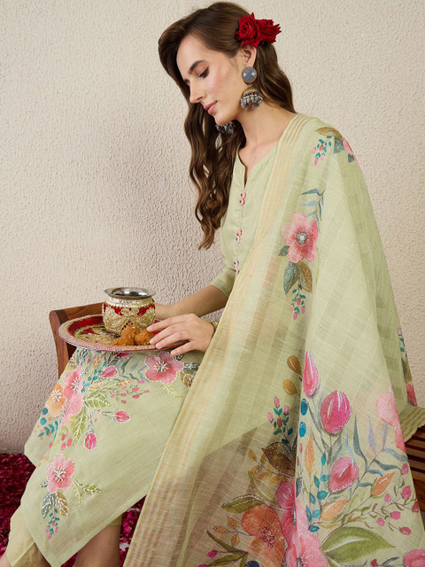 Indo Era Women Floral Embroidered Thread Work Pure Cotton Kurta with Trousers & Dupatta - Image 7