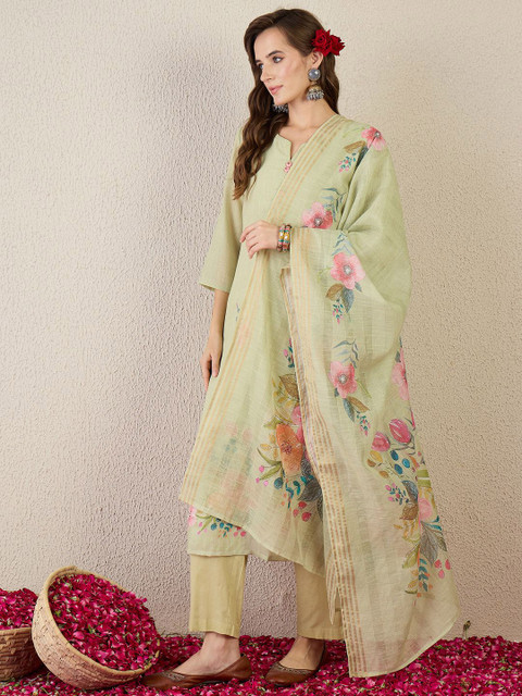Indo Era Women Floral Embroidered Thread Work Pure Cotton Kurta with Trousers & Dupatta - Image 4