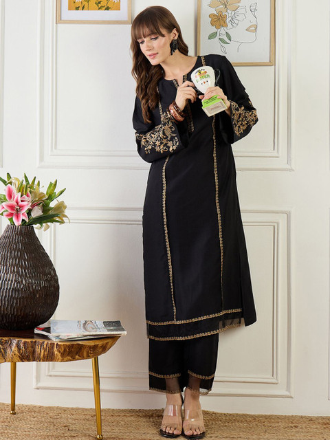 Indo Era Embroidered Round Neck Top With Trousers Co-Ords - Image 5
