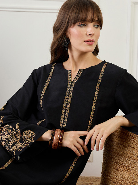 Indo Era Embroidered Round Neck Top With Trousers Co-Ords