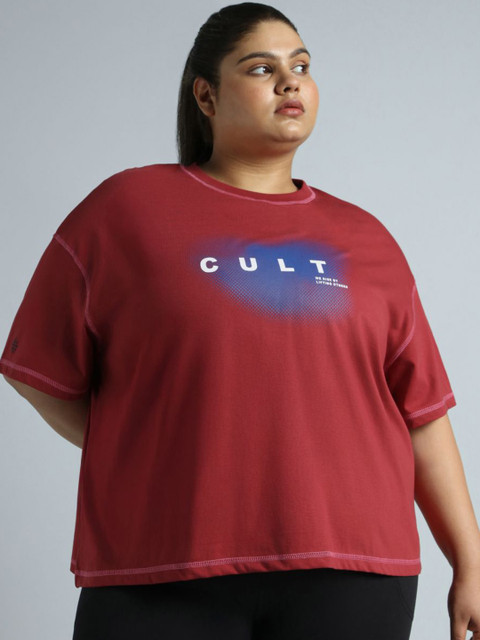 CULT Women Red Training Essential Graphic Plus size Boxy Fit T-shirt