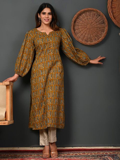 Rimeline Ethnic Motifs Printed Round Neck Puff Sleeves Pure Cotton Kurta