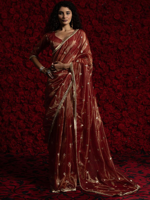 Anouk Floral Zari Organza Saree - Image 2