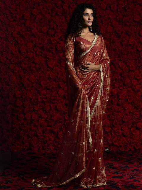 Anouk Floral Zari Organza Saree - Image 3