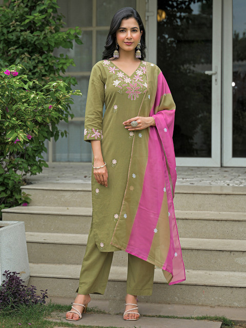 SANISA Women Floral Embroidered Kurta with Trousers & Dupatta - Image 2