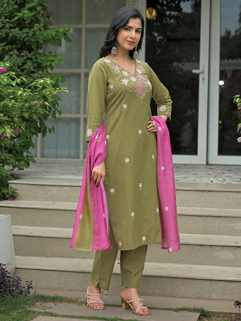 SANISA Women Floral Embroidered Kurta with Trousers & Dupatta - Image 4