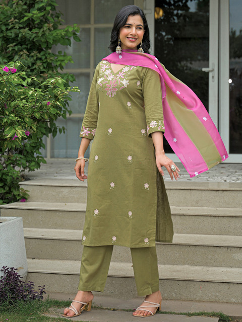 SANISA Women Floral Embroidered Kurta with Trousers & Dupatta - Image 5