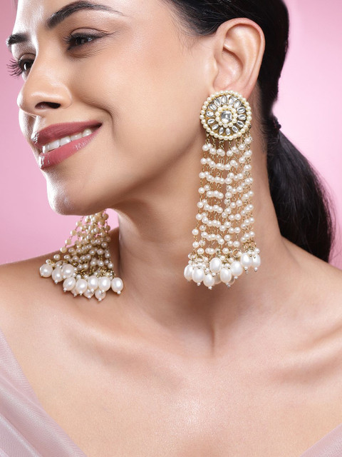 Rubans 18K Gold-Plated Kundan Stone Multilayer White Pearl Beaded Drop Chandelier Earrings