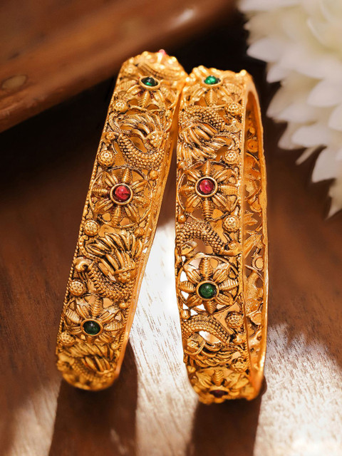 Rubans Set of 2 18K Gold-Plated Emerald Green & Ruby Pink Floral Peacock Design Bangles