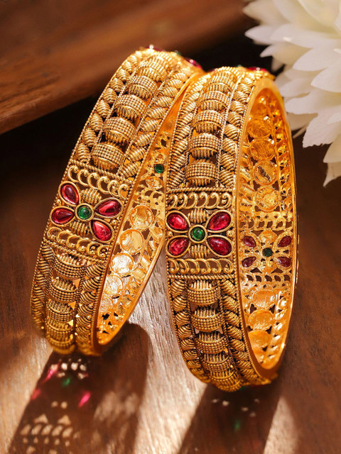 Rubans Set of 2 18K Gold-Plated Ruby Pink & Emerald Green Studded Floral Design Bangles