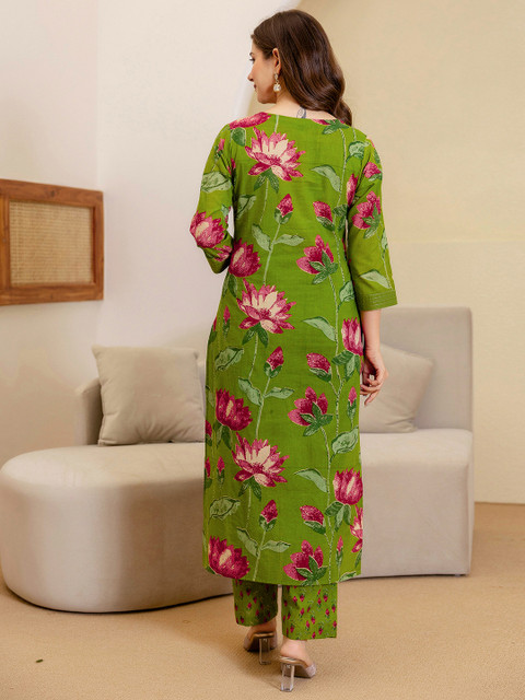 SKYLEE Women Floral Printed Round Neck Straight Kurta with Trousers & Dupatta - Image 5