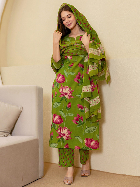 SKYLEE Women Floral Printed Round Neck Straight Kurta with Trousers & Dupatta - Image 6