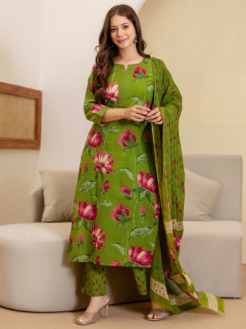 SKYLEE Women Floral Printed Round Neck Straight Kurta with Trousers & Dupatta - Image 2