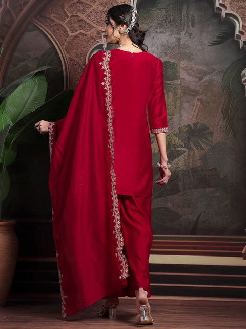 SANISA Floral Embroidered Straight Thread Work Kurta With Sharara & Dupatta - Image 6