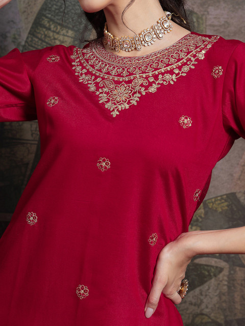 SANISA Floral Embroidered Straight Thread Work Kurta With Sharara & Dupatta - Image 3