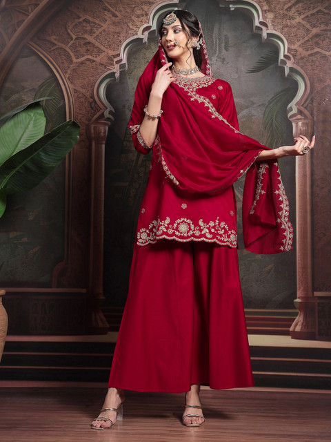 SANISA Floral Embroidered Straight Thread Work Kurta With Sharara & Dupatta - Image 2