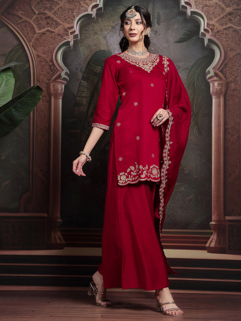 SANISA Floral Embroidered Straight Thread Work Kurta With Sharara & Dupatta - Image 5