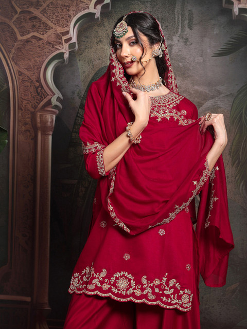 SANISA Floral Embroidered Straight Thread Work Kurta With Sharara & Dupatta