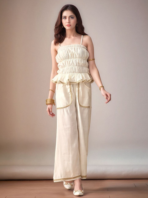 Sangria Women Embellished Shoulder Straps Tube Top with Trouser Co-Ords