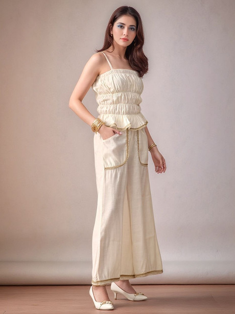 Sangria Women Embellished Shoulder Straps Tube Top with Trouser Co-Ords - Image 3