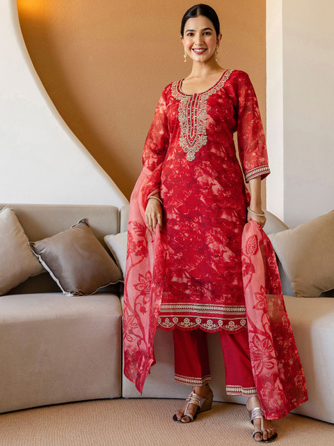 SANISA Women Floral Printed Regular Mirror Work Kurta with Trousers & Dupatta - Image 4