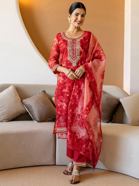 SANISA Women Floral Printed Regular Mirror Work Kurta with Trousers & Dupatta - Image 2