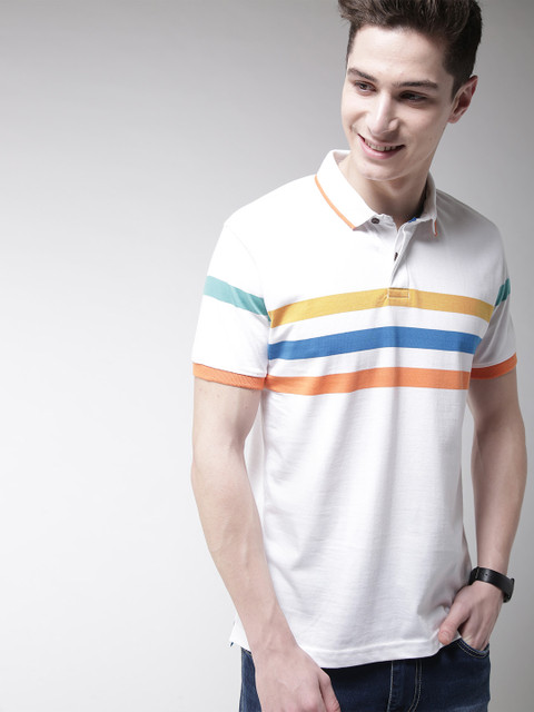 Mast & Harbour Men White Striped Polo Collar T-shirt