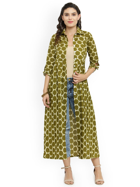 Indibelle Green & Off-White Printed Open Front Shrug