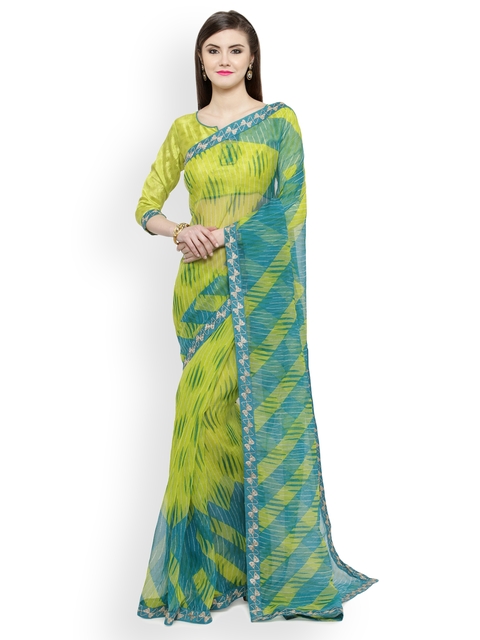 Shaily Green & Blue Cotton Blend Printed Saree