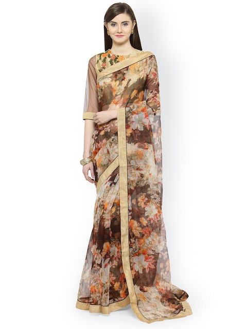 Shaily Brown & White Cotton Blend Printed Saree