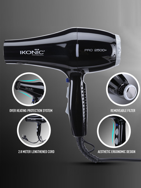 Ikonic Professional Pro 2500+ Hair Dryer with 2 Interchangeable Nozzles - Black - Image 8