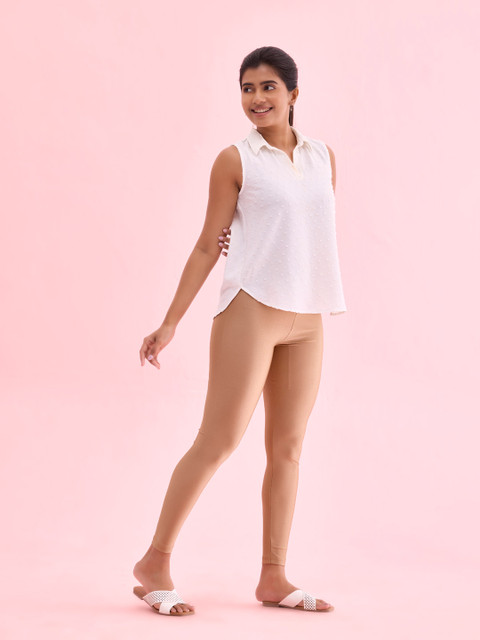 Go Colors Women Gold-Toned Solid Skinny Fit Shimmer Ankle-Length Leggings - Image 2