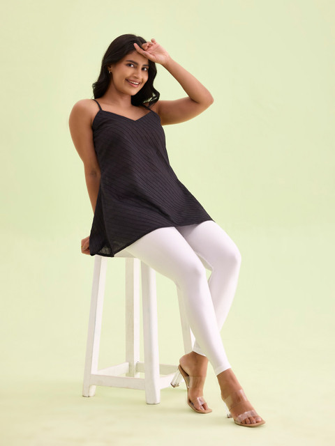 Go Colors Women White Solid Skinny Fit Shimmer Ankle-Length Leggings - Image 4