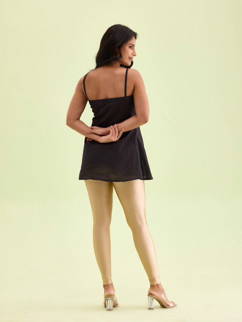 Go Colors Women Gold-Toned Solid Skinny Fit Shimmer Ankle-Length Leggings - Image 3