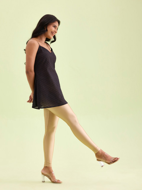 Go Colors Women Gold-Toned Solid Skinny Fit Shimmer Ankle-Length Leggings - Image 2