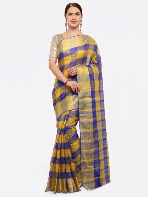 Saree mall Blue & Yellow Art Silk Checked Venkatgiri Saree
