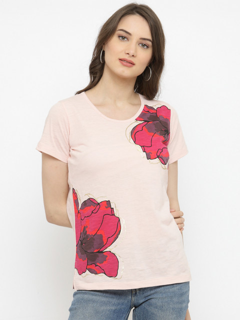 plusS Women Peach-Coloured Printed Round Neck T-shirt